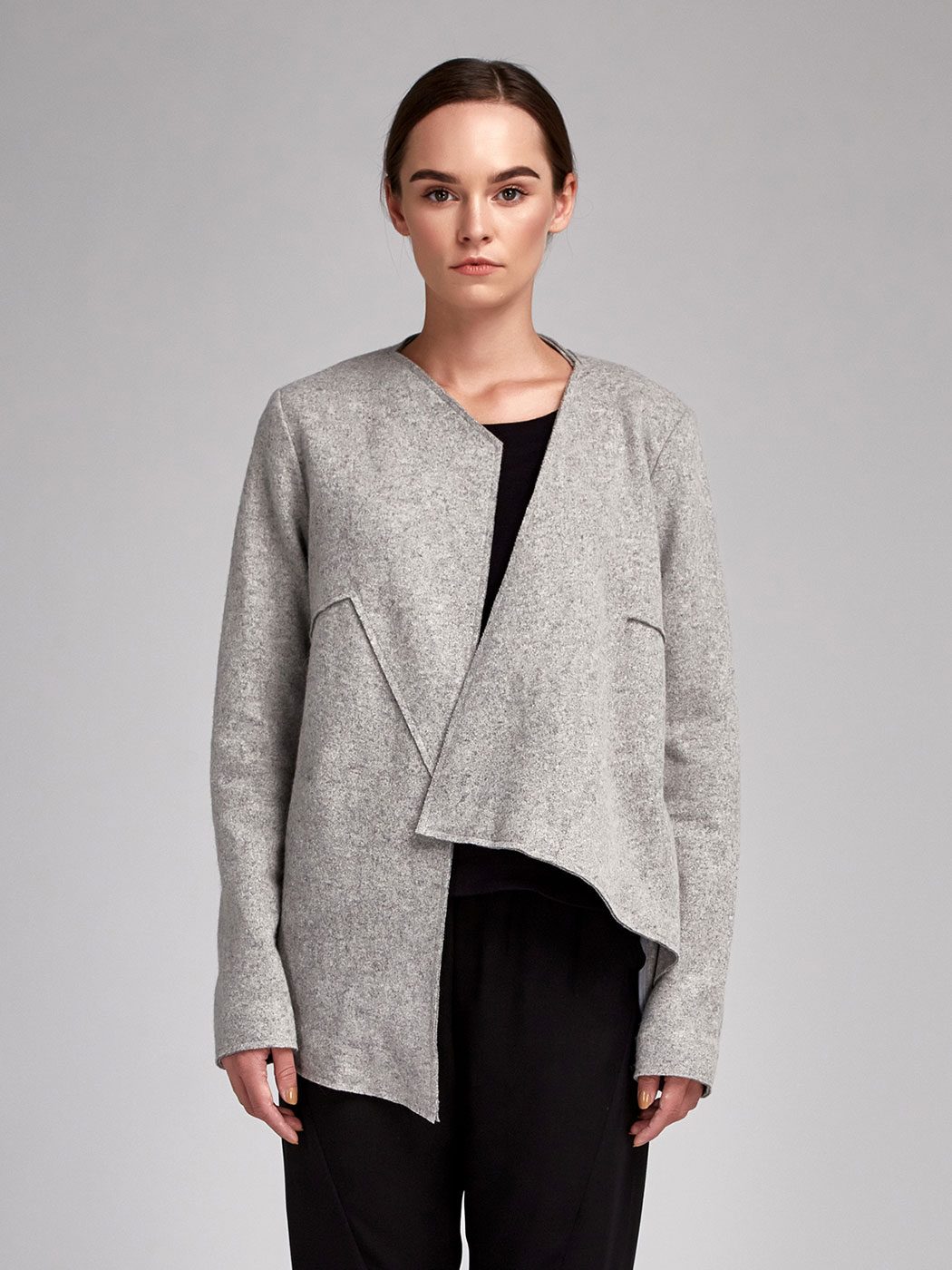 brunette gray jacket